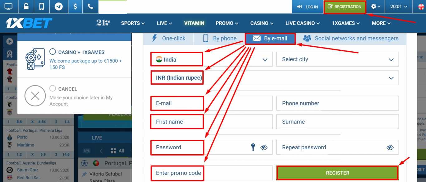 1xBet registration through email.